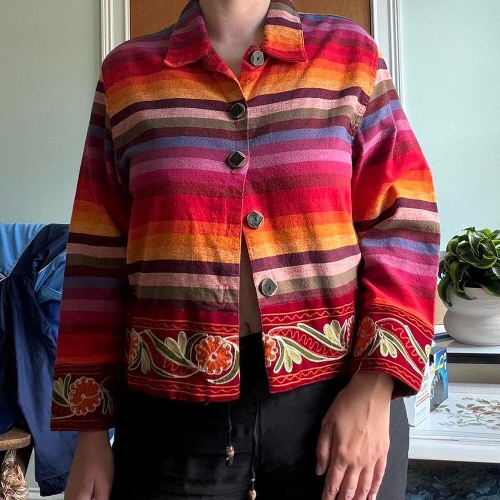Vintage 80s multicoloured striped button up shirt with embroidered floral flaw